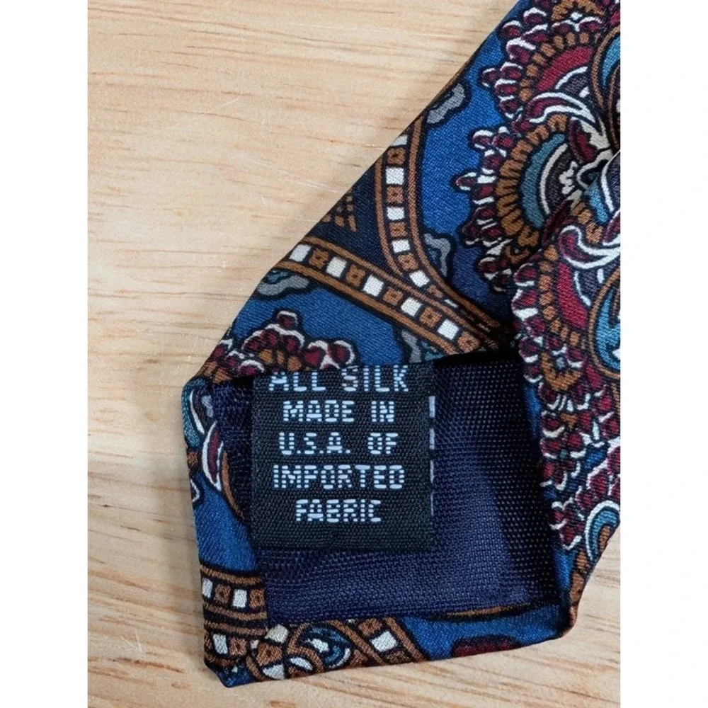 Stafford Executive Mens Silk Tie Blue Burgundy Gold Paisley Made in USA Classic